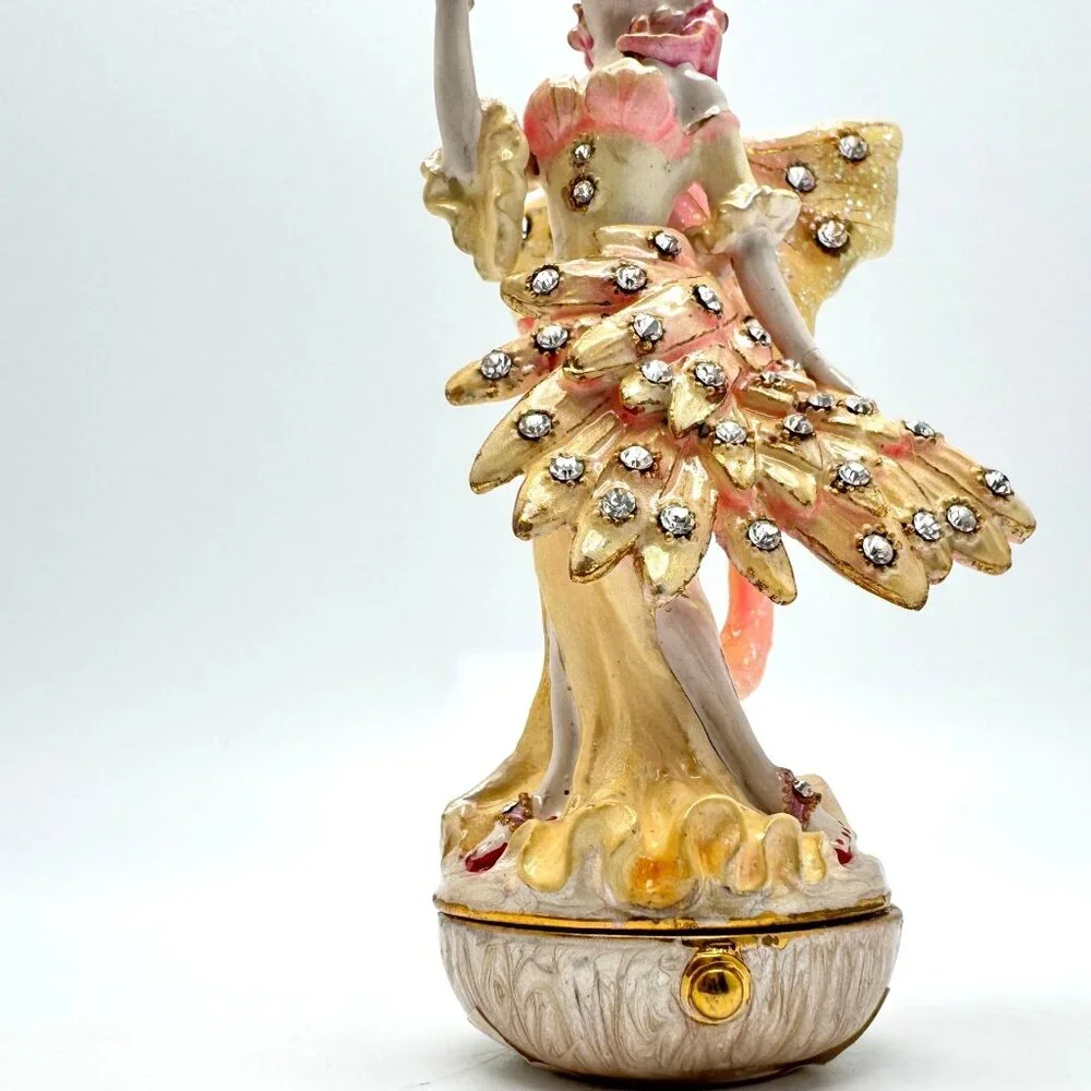 Flamingo Fairy Trinket Box Yellow Wings  Rhinestone Accents Enamel Metal #2